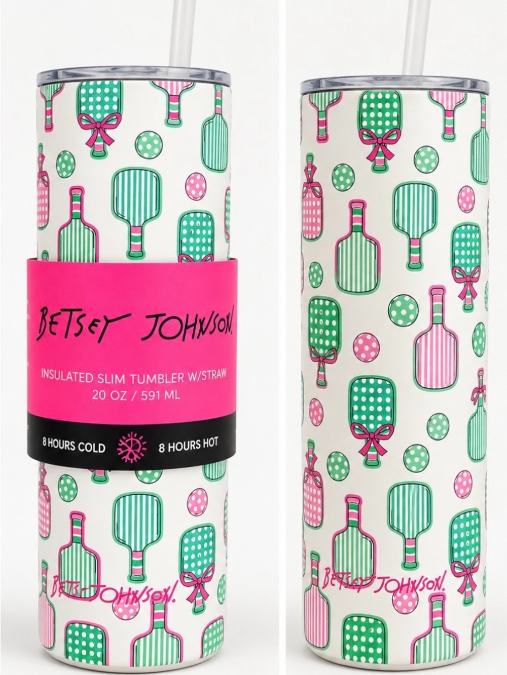 Betsey Johnson Pickleball 20oz Insulated Slim Tumbler Pink Green NWT